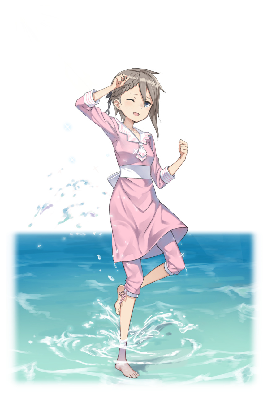 1girl ;d ange_(princess_principal) barefoot blue_eyes braid full_body grey_hair hand_up hands_on_own_knees highres looking_at_viewer official_art one_eye_closed open_mouth pink_skirt princess_principal princess_principal_game_of_mission short_hair skirt smile solo splashing standing standing_on_one_leg transparent_background water