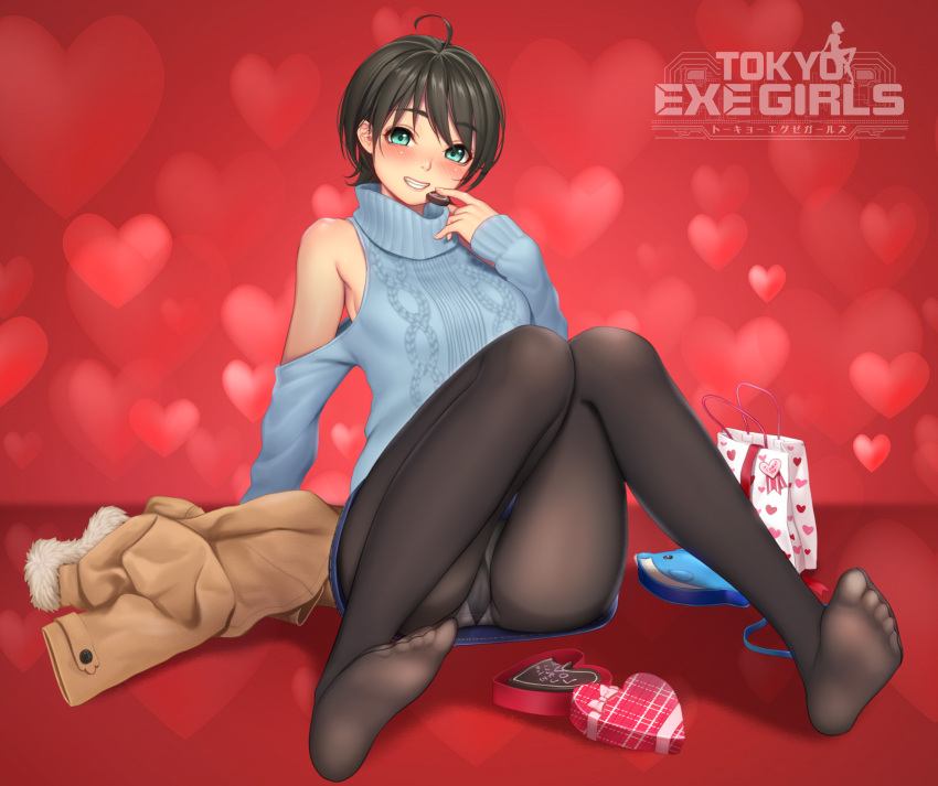 1girl aqua_eyes bangs bare_shoulders black_hair blush box chocolate eyebrows_visible_through_hair food full_body fur_trim gift gift_box gusset heart heart_background heart_print highres holding jacket lips logo long_sleeves looking_at_viewer masami_chie miniskirt official_art panties panties_under_pantyhose pantyhose pantyshot pantyshot_(sitting) parted_lips red_background ribbed_sweater short_hair sitting skirt sleeves_past_wrists smile solo sweater tokyo_exe_girls turtleneck underwear