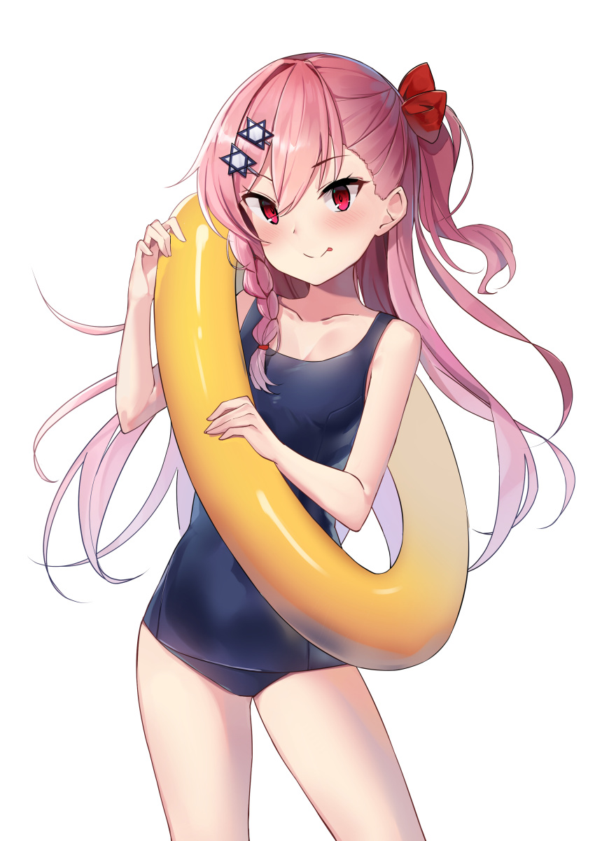 1girl :p absurdres bada_(jksh5056) bangs bare_legs bare_shoulders blue_swimsuit blush bow braid closed_mouth collarbone commentary_request eyebrows_visible_through_hair girls_frontline hair_between_eyes hair_bow hair_ornament hairclip highres holding holding_innertube innertube long_hair looking_at_viewer negev_(girls_frontline) one-piece_swimsuit one_side_up pink_hair red_bow red_eyes school_swimsuit simple_background smile solo swimsuit tongue tongue_out very_long_hair white_background