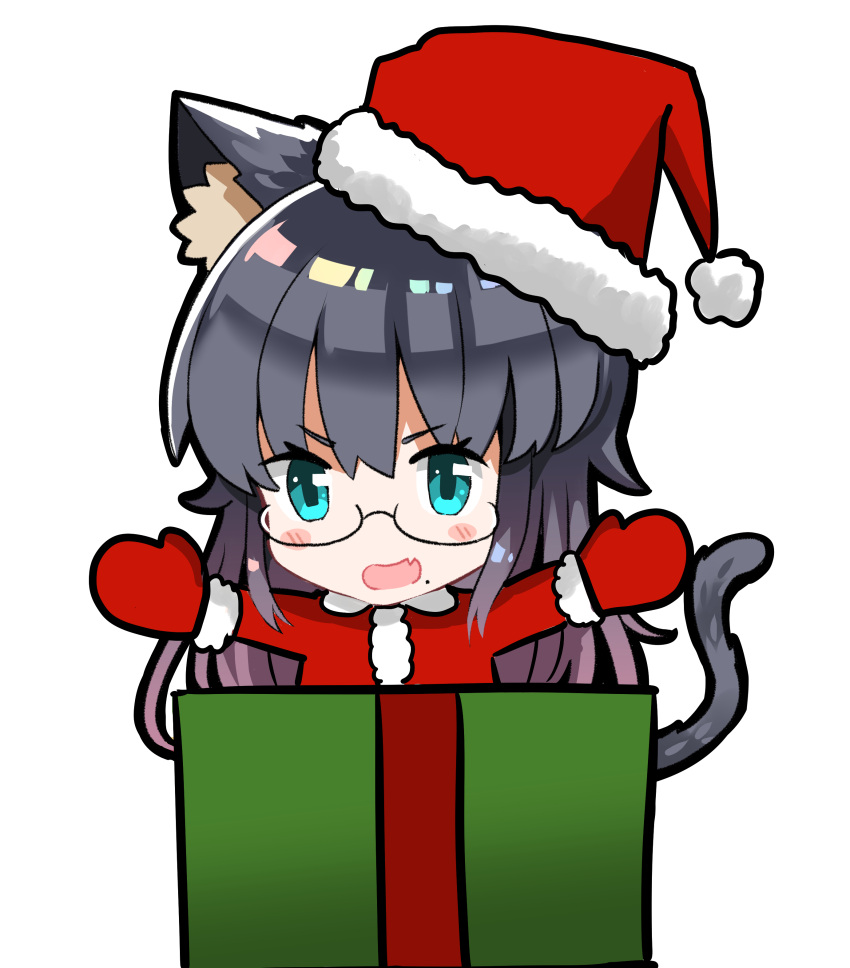 1girl :d absurdres animal_ears aqua_eyes bangs blush_stickers box cat_ears cat_girl cat_tail chibi eyebrows_visible_through_hair fang fur-trimmed_hat fur-trimmed_sleeves fur_trim gift gift_box hair_between_eyes hat highres hiroki_(hirokiart) in_box in_container long_hair looking_at_viewer mittens open_mouth original outstretched_arms red_hat red_mittens red_shirt santa_costume santa_hat shirt simple_background smile solo spread_arms tail v-shaped_eyebrows very_long_hair white_background