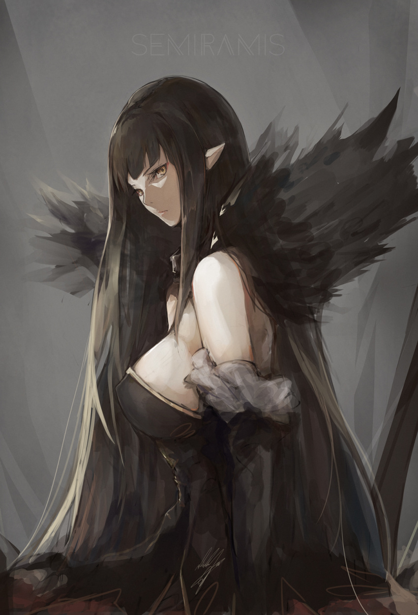 1girl bangs bare_shoulders black_dress black_hair breasts character_name closed_mouth commentary_request detached_sleeves dress eyebrows_visible_through_hair fate/apocrypha fate/grand_order fate_(series) fur_trim grey_background highres large_breasts long_hair long_sleeves looking_at_viewer looking_to_the_side marumoru pointy_ears semiramis_(fate) simple_background sketch solo very_long_hair yellow_eyes