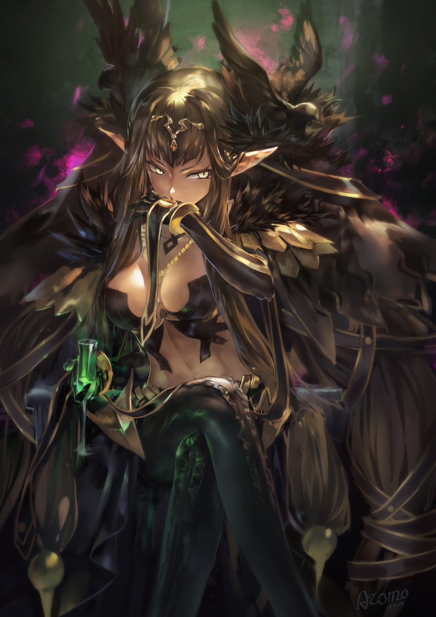 1girl absurdres avamone bangs bird black_gloves black_legwear breasts brown_hair crow cup dated drinking_glass fate/apocrypha fate_(series) gem glass gloves glowing hand_up headpiece highres holding jewelry large_breasts legs_crossed long_hair magic necklace pantyhose pointy_ears semiramis_(fate) signature sitting slit_pupils solo throne very_long_hair yellow_eyes