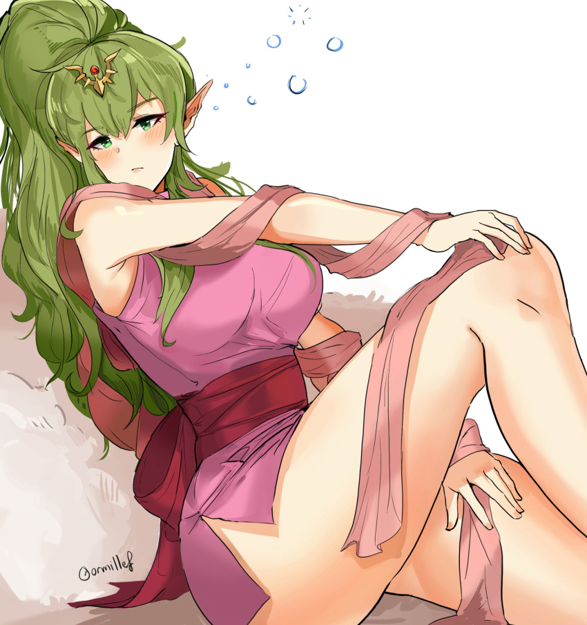 1girl bracelet breasts cape chiki circlet dotentity dragon dress fire_emblem fire_emblem:_kakusei fire_emblem:_mystery_of_the_emblem green_eyes green_hair hair_ornament highres jewelry large_breasts long_hair mamkute older pink_dress pink_legwear pointy_ears ponytail short_dress side_slit solo thighs tiara white_background