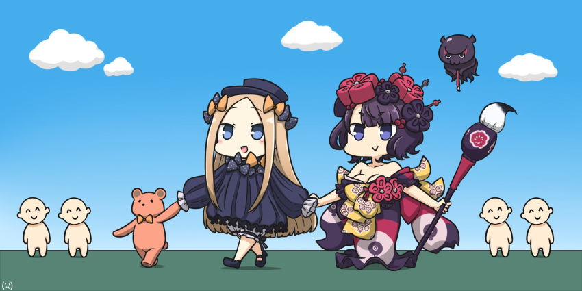 2girls :d abigail_williams_(fate/grand_order) bare_shoulders bow breasts calligraphy_brush chibi cleavage commentary_request fate/grand_order fate_(series) hair_bow hair_ornament hamu_koutarou hand_holding hat highres holding japanese_clothes katsushika_hokusai_(fate/grand_order) long_hair multiple_girls octopus open_mouth paintbrush ribbed_sweater short_hair smile stuffed_animal stuffed_toy sweater teddy_bear walking