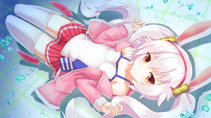 1girl animal_ears azur_lane bangs bare_shoulders blush breasts brown_eyes bubble camisole collarbone commentary_request eyebrows_visible_through_hair fur-trimmed_jacket fur_trim fuyuki8208 hair_between_eyes hair_ornament hairband head_tilt highres holding holding_hair jacket laffey_(azur_lane) long_hair long_sleeves looking_at_viewer lying on_back open_clothes open_jacket parted_lips pink_jacket pleated_skirt rabbit_ears red_hairband red_skirt silver_hair skirt sleeves_past_wrists small_breasts solo thigh-highs twintails very_long_hair white_camisole white_legwear