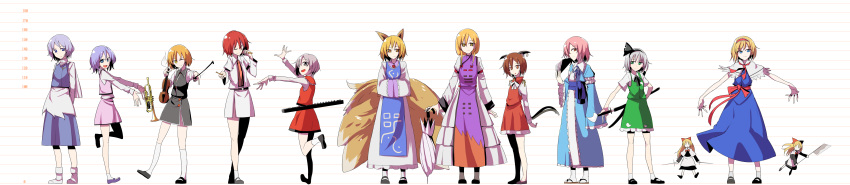 6+girls absurdres alice_margatroid animal_ears arms_behind_back bangs black_footwear blonde_hair blue_eyes blue_hair bobby_socks bow bowtie brown_eyes brown_hair capelet cat_ears cat_tail daitoutei dress expressionless fan folding_fan fox_ears fox_tail frilled_skirt frills green_eyes hairband hands_in_sleeves height_chart highres horikawa_raiko instrument jacket japanese_clothes jewelry keyboard_(instrument) konpaku_youmu letty_whiterock long_hair long_image long_sleeves looking_at_viewer lunasa_prismriver lyrica_prismriver mary_janes merlin_prismriver miniskirt multiple_girls multiple_tails necktie no_headwear no_shoes obi odd_one_out one_eye_closed one_eye_covered one_leg_raised open_mouth outstretched_arm outstretched_arms parasol pencil_skirt perfect_cherry_blossom pink_hair red_eyes redhead sash shanghai_doll sheath shirt shoes short_hair short_sleeves silver_hair simple_background single_earring skirt smile socks standing sword tabard tail touhou trumpet umbrella unsheathing violin weapon white_dress white_legwear white_shirt wide_image yellow_eyes