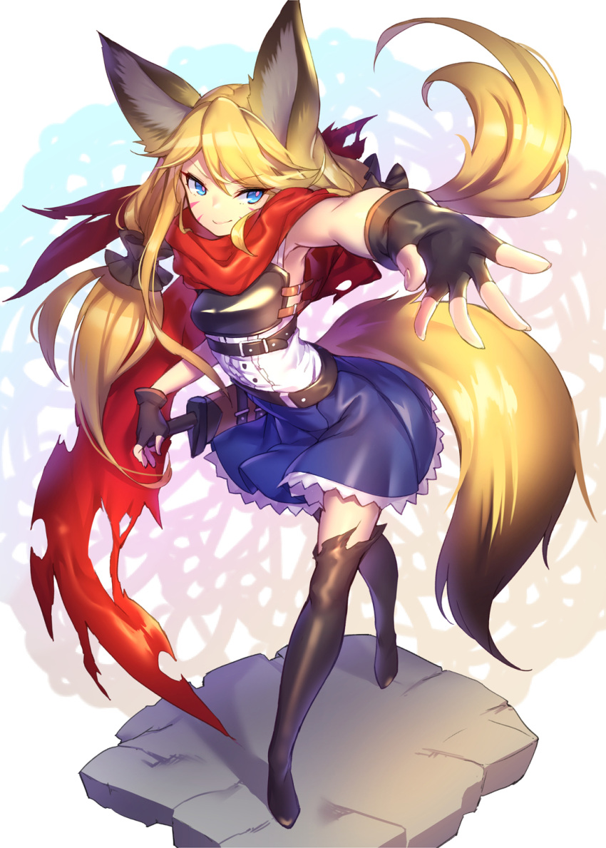 &gt;:) 1girl animal_ears armpits bangs belt black_belt black_gloves black_legwear blonde_hair blue_eyes blue_skirt breastplate center_frills closed_mouth commentary_request copyright_request eyebrows_visible_through_hair facial_mark fingerless_gloves fingernails fox_ears fox_girl fox_tail frills full_body gloves hair_between_eyes hand_on_hilt highres long_hair low_twintails outstretched_arm red_scarf scarf shennai_misha shirt skirt sleeveless sleeveless_shirt smile solo standing sword tail thigh-highs twintails v-shaped_eyebrows very_long_hair weapon white_shirt