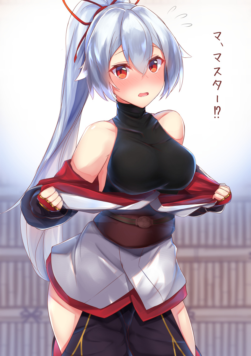 1girl absurdres blush breasts embarrassed fate/grand_order fate_(series) full-face_blush hair_ribbon highres japanese_clothes long_hair long_sleeves medium_breasts nanakaku obi ponytail red_eyes ribbon sash solo standing tomoe_gozen_(fate/grand_order) translated undressing white_hair