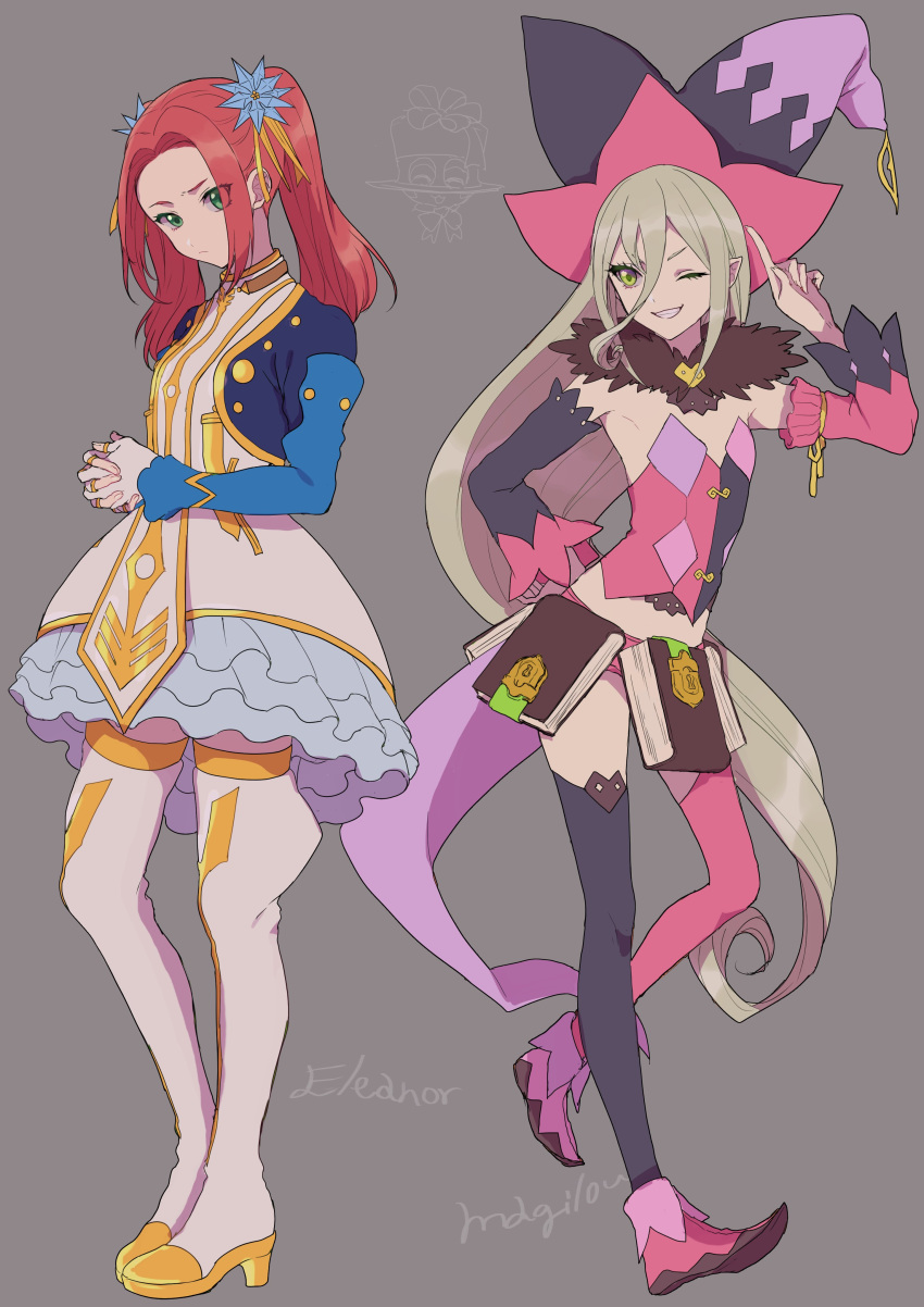 2girls absurdres blonde_hair book breasts detached_sleeves dress eleanor_hume full_body green_eyes hat highres iketsuko long_hair looking_at_viewer magilou_(tales) multiple_girls pointy_ears redhead smile tales_of_(series) tales_of_berseria twintails very_long_hair witch_hat