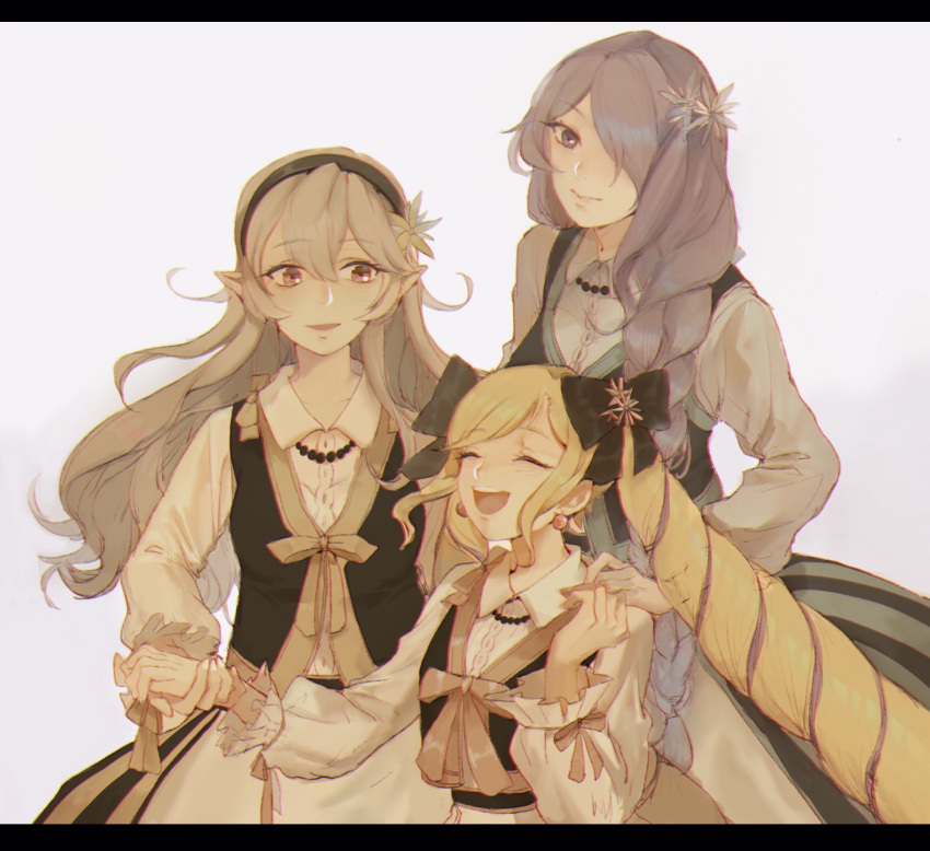 3girls blonde_hair camilla_(fire_emblem_if) closed_eyes dress drill_hair elise_(fire_emblem_if) european_clothes female_my_unit_(fire_emblem_if) fire_emblem fire_emblem_if flower hair_flower hair_ornament hair_over_one_eye highres long_hair looking_at_viewer multiple_girls my_unit_(fire_emblem_if) pointy_ears red_eyes simple_background smile twin_drills violet_eyes