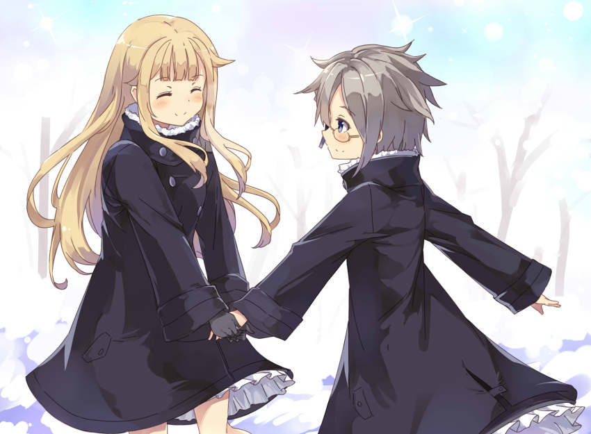 2girls ange_(princess_principal) bare_tree black_gloves blonde_hair blue_eyes blurry blurry_background blush closed_eyes day glasses gloves grey_hair hand_holding highres looking_at_another multiple_girls normaland outdoors princess_(princess_principal) princess_principal short_hair standing tree winter_clothes yuri