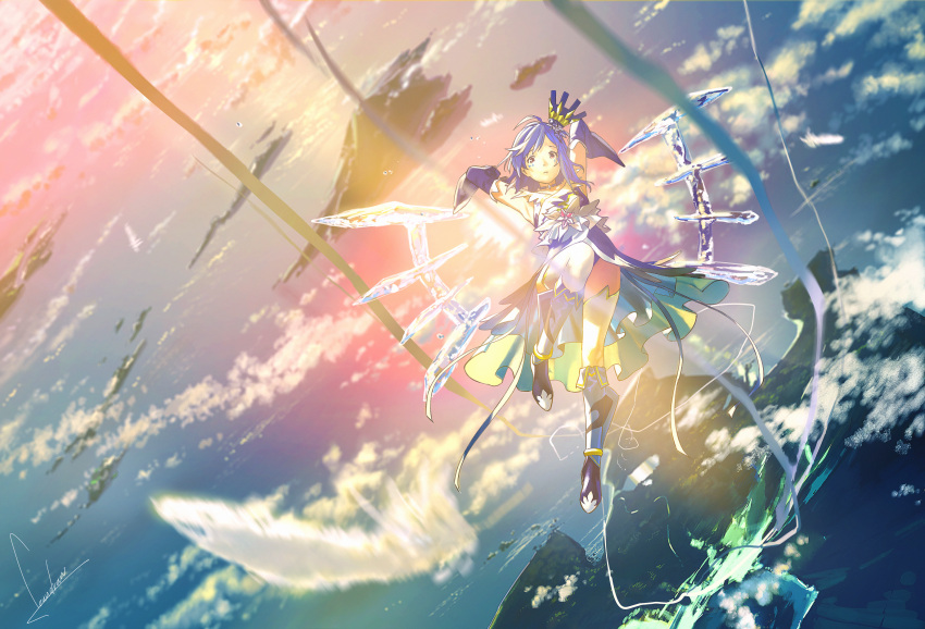 1girl above_clouds armpits blue_dress blue_footwear blue_gloves blue_hair boots closed_mouth commentary_request convenient_leg dress elbow_gloves flying gloves hands_up headgear highres ice knee_boots knee_up looking_at_viewer loundraw outdoors piruluk short_hair solo thigh-highs white_legwear wings wixoss