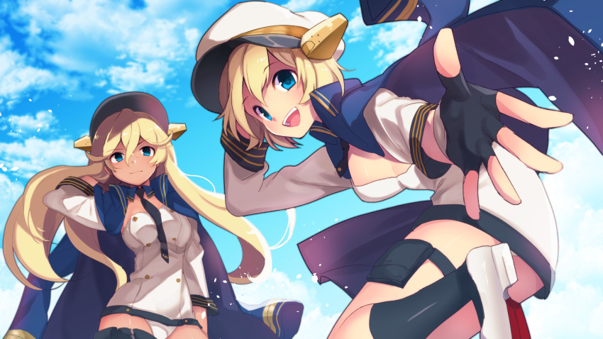 2girls :d arm_at_side azur_lane bangs between_breasts black_gloves black_legwear black_neckwear blonde_hair blue_coat blue_eyes blue_sky blush breasts buttons california_(azur_lane) closed_mouth clouds coat crossed_bangs dark_skin day detached_collar dress eyebrows eyebrows_visible_through_hair fingerless_gloves floating_hair gloves grey_footwear hair_between_eyes hand_in_hair hat highres jacket_on_shoulders leg_up light_particles long_hair long_sleeves looking_at_viewer medium_breasts microdress multiple_girls necktie no_bra open_mouth outdoors outstretched_arm outstretched_hand panties pouch shinoko shoes short_hair sideboob sky smile socks standing standing_on_one_leg teeth tennessee_(azur_lane) thigh_strap underwear white_dress white_hat white_panties