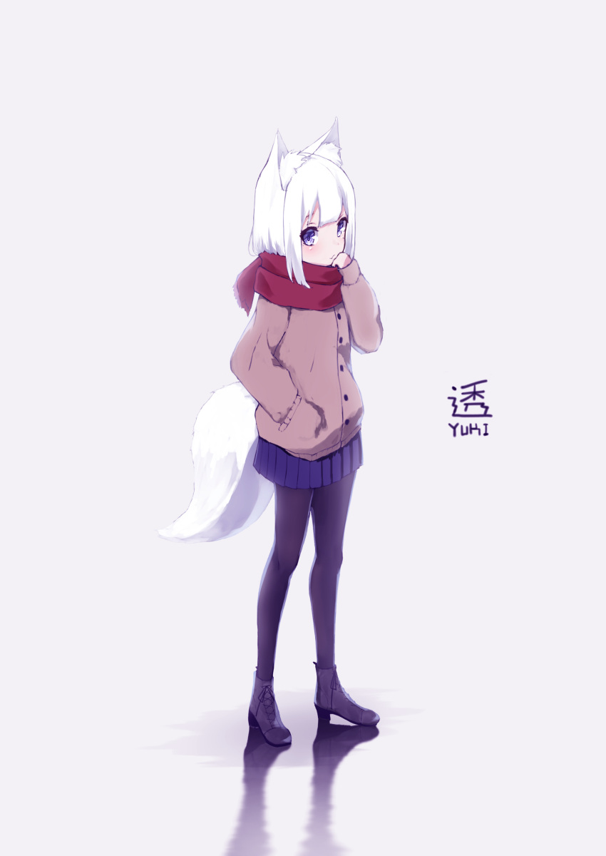 1girl absurdres animal_ears black_legwear blue_eyes coat commentary_request enpera fox_ears fox_tail full_body grey_background hand_in_pocket highres looking_at_viewer mayogii original pantyhose pleated_skirt scarf short_hair simple_background skirt tail white_hair