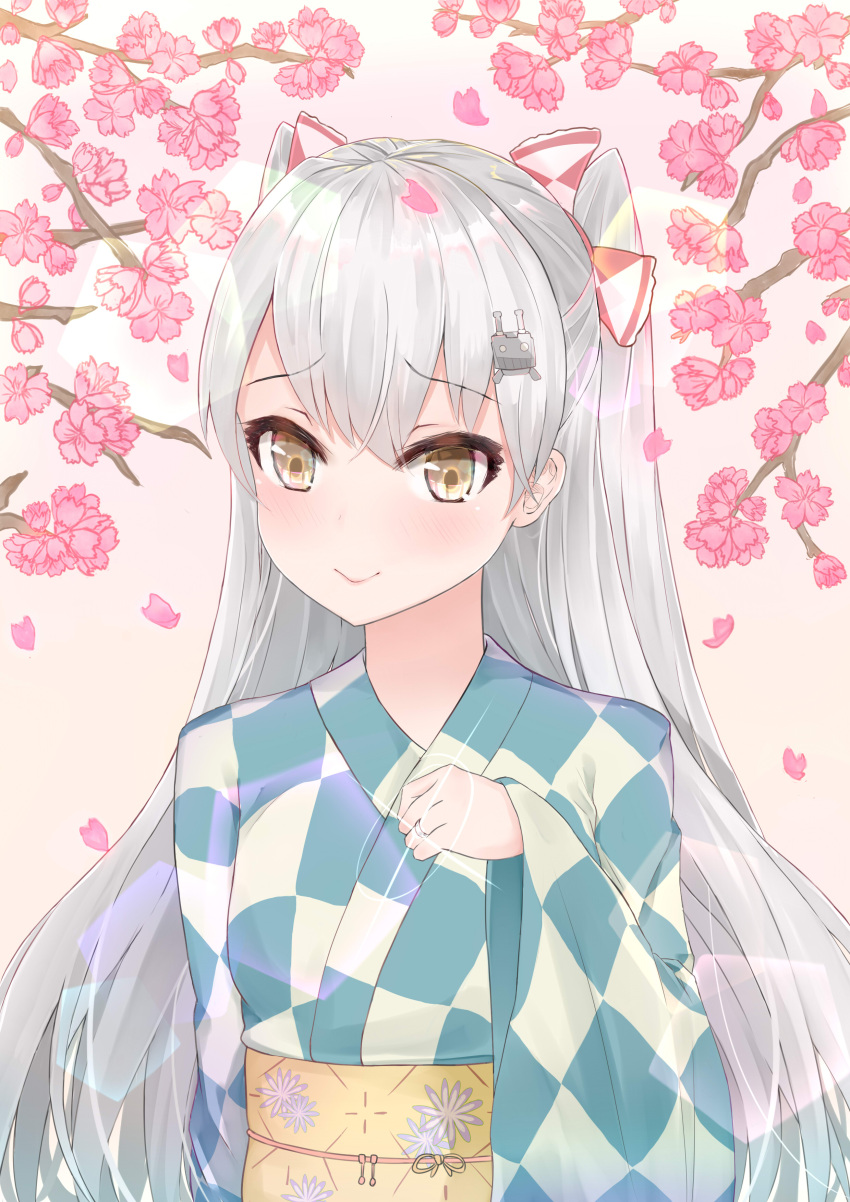 1girl absurdres alternate_costume amatsukaze_(kantai_collection) cameo cherry_blossoms commentary_request grey_eyes hair_ornament hair_ribbon hairclip highres japanese_clothes jewelry kantai_collection kimono long_hair looking_at_viewer obi petals rensouhou-kun ribbon ring sash sherryqq silver_hair smile solo two_side_up wedding_band