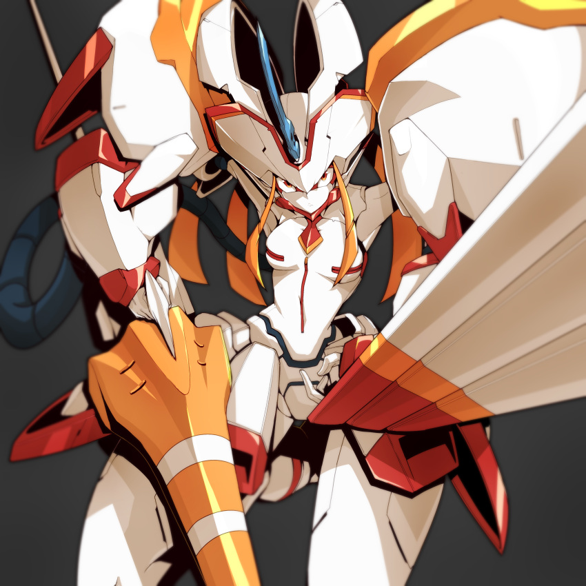 absurdres closed_mouth commentary darling_in_the_franxx frown grey_background highres holding holding_weapon horn humanoid_robot lance legs_apart looking_at_viewer mecha no_humans orange_eyes park_bandi polearm robot simple_background solo strelizia weapon