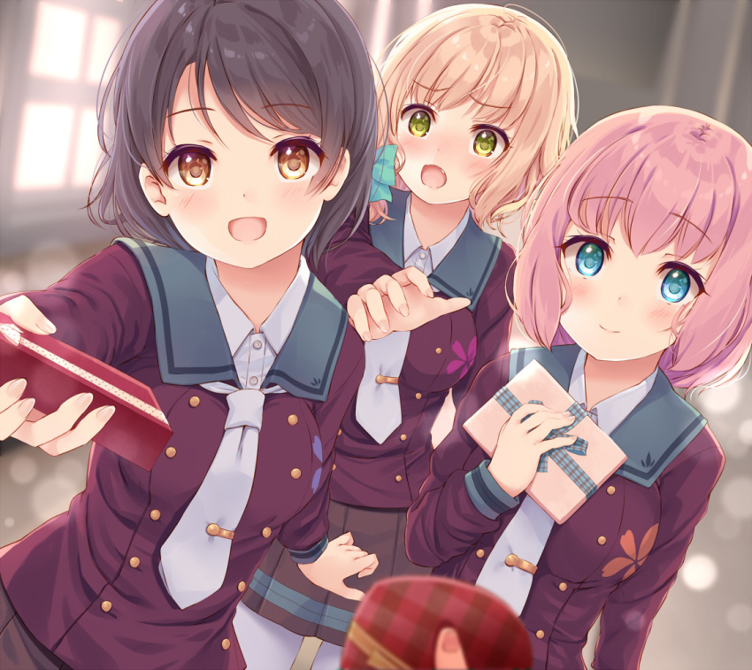 3girls :d black_hair blonde_hair blue_eyes blurry blurry_background blush box brown_eyes commentary eyebrows_visible_through_hair fang gift gift_box green_eyes incoming_gift indoors komone_ushio looking_at_another looking_at_viewer multiple_girls necktie open_mouth original outstretched_arm pink_hair pov school_uniform short_hair smile valentine white_neckwear