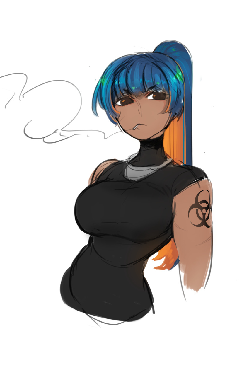 1girl absurdres black_shirt blue_hair breasts brown_eyes cigarette closed_mouth commentary cropped_arms dark_skin earth-chan english_commentary highres large_breasts long_hair looking_at_viewer matilda_vin mouth_hold multicolored_hair orange_hair original ponytail radioactive shirt simple_background sketch smoke smoking solo streaked_hair turtleneck upper_body white_background