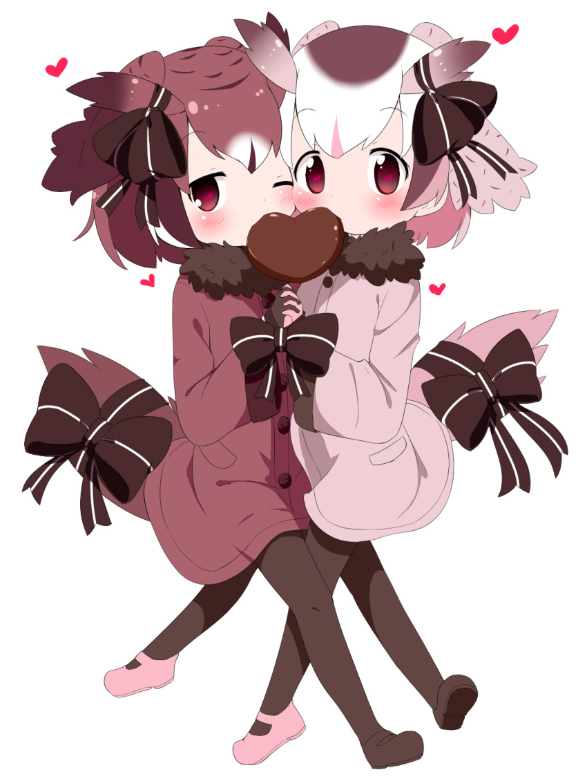 2girls adapted_costume blush bow cheek-to-cheek chocolate coat eurasian_eagle_owl_(kemono_friends) eyebrows_visible_through_hair food_in_mouth fur_collar gloves hands_together head_wings heart heart-shaped_pupils highres interlocked_fingers kemono_friends leg_between_thighs long_sleeves looking_at_viewer makuran mouth_hold multicolored_hair multiple_girls northern_white-faced_owl_(kemono_friends) one_eye_closed pantyhose short_hair simple_background symbol-shaped_pupils tail_feathers white_background