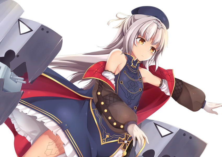 1girl absurdres azur_lane beret bow coat detached_sleeves gloves hair_bow hair_ornament hair_ribbon hat highres kana616 long_hair machinery ribbon silver_hair simple_background solo turret white_background white_gloves yellow_eyes z46_(azur_lane)