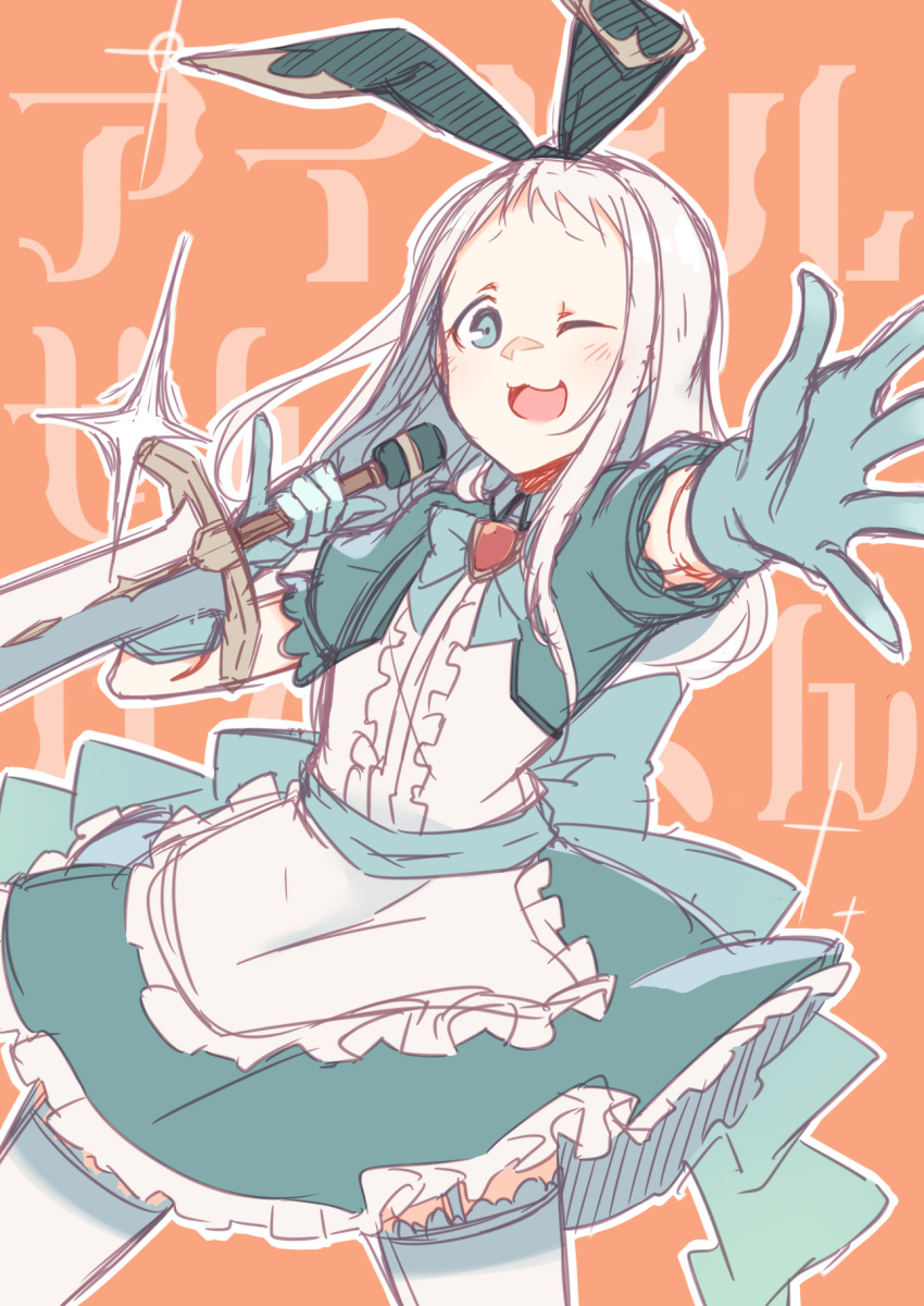 1boy ;3 ;d blend_s gloves green_gloves hetareeji highres kanzaki_hideri long_hair looking_at_viewer male_focus one_eye_closed open_mouth outstretched_arm pinky_out silver_hair sketch smile solo sword trap weapon
