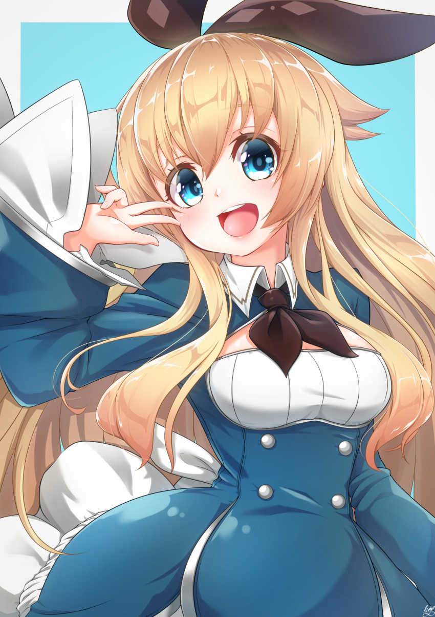 1girl alice_(grimms_notes) alice_(wonderland) alice_in_wonderland arm_up blonde_hair blue_dress blue_eyes dress grimms_notes highres long_hair open_mouth ribbon smile solo takatun223 upper_body v