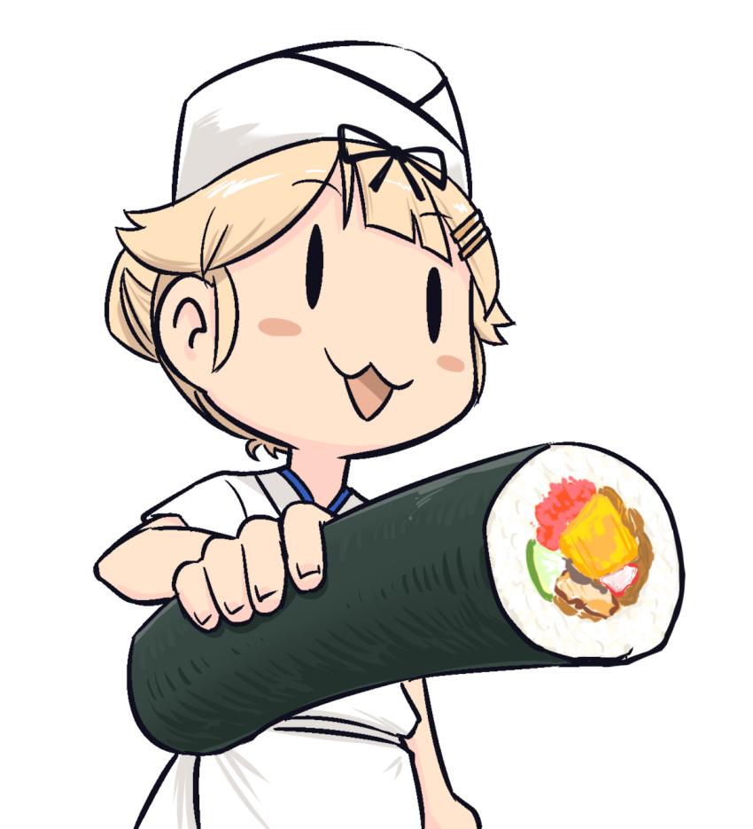 1girl :3 :d alternate_costume alternate_hairstyle ao_arashi blush_stickers bow chef_hat chef_uniform commentary_request ehoumaki food hair_bow hair_flaps hair_ornament hair_ribbon hairpin hat highres holding kantai_collection light_brown_hair long_hair looking_at_viewer makizushi open_mouth remodel_(kantai_collection) ribbon simple_background smile solo sushi yuudachi_(kantai_collection)