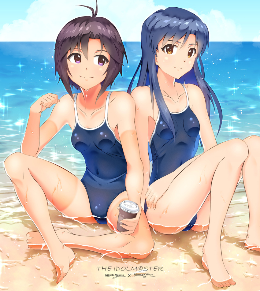 2girls antenna_hair beach black_eyes black_hair blue_hair blue_sky blue_swimsuit breasts brown_eyes character_name competition_school_swimsuit copyright_name ganaha_hibiki highres horizon idolmaster idolmaster_(classic) kikuchi_makoto kisaragi_chihaya long_hair multiple_girls ns.x ocean outdoors partially_submerged school_swimsuit short_hair sitting sky small_breasts smile swimsuit tumbler water