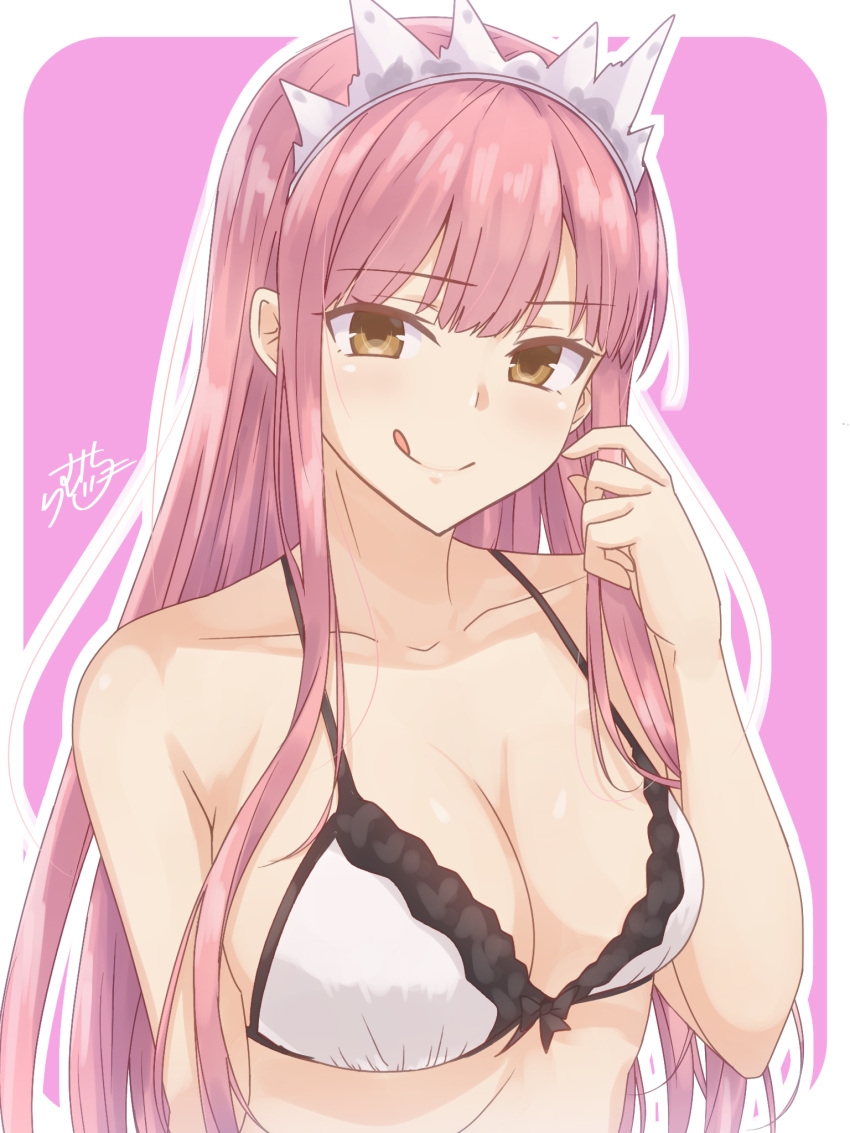 1girl :q bangs bare_arms bare_shoulders bow bow_bra bra breasts brown_hair cleavage closed_mouth collarbone commentary_request eyebrows_visible_through_hair fate/grand_order fate_(series) highres large_breasts long_hair looking_at_viewer medb_(fate/grand_order) outline pink_background pink_hair ramchi signature smile solo tiara tongue tongue_out two-tone_background underwear underwear_only very_long_hair white_background white_bra white_outline