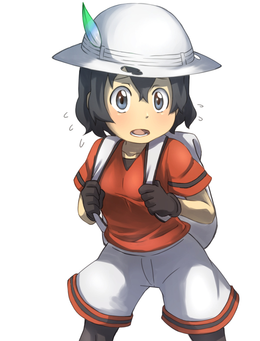 backpack bag bucket_hat distress feathers gloves hat highres kaban_(kemono_friends) kemono_friends legwear_under_shorts open_mouth pantyhose shirt shoes short_hair short_sleeves shorts standing sweatdrop t-shirt tenya