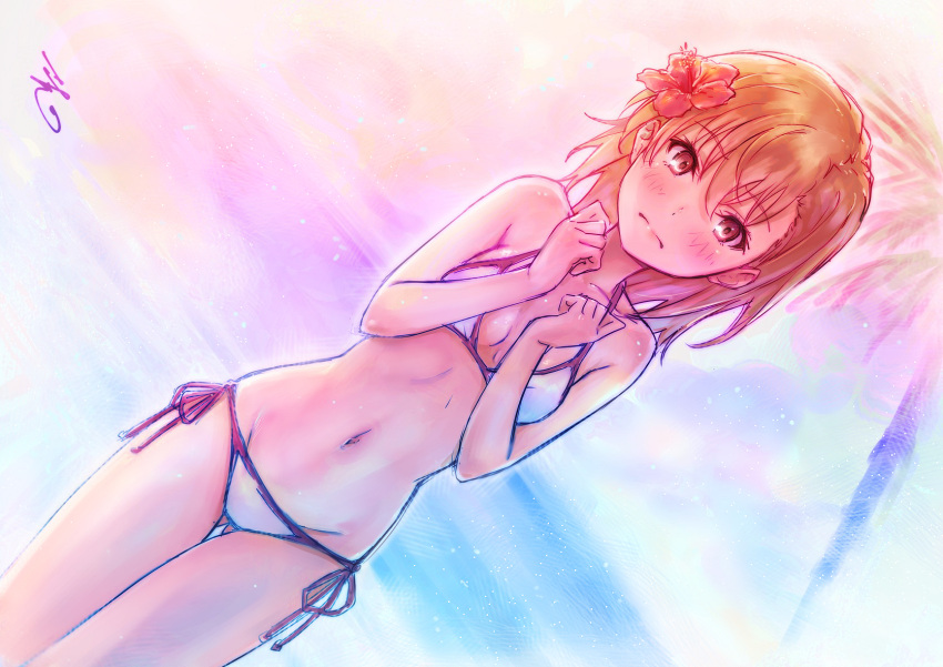 1girl bangs bare_shoulders bikini blush breast_press brown_eyes cleavage_cutout closed_mouth collar cowboy_shot dutch_angle eyebrows_visible_through_hair flower frown gluteal_fold hair_flower hair_ornament hands_on_own_chest hibiscus highres legs_together light_particles looking_at_viewer misaka_mikoto multicolored multicolored_background navel orange_hair palm_tree puma_(hyuma1219) red_ribbon ribbon short_hair side-tie_bikini signature smile solo standing stomach swimsuit thigh_gap thighs to_aru_kagaku_no_railgun to_aru_majutsu_no_index tree white_bikini