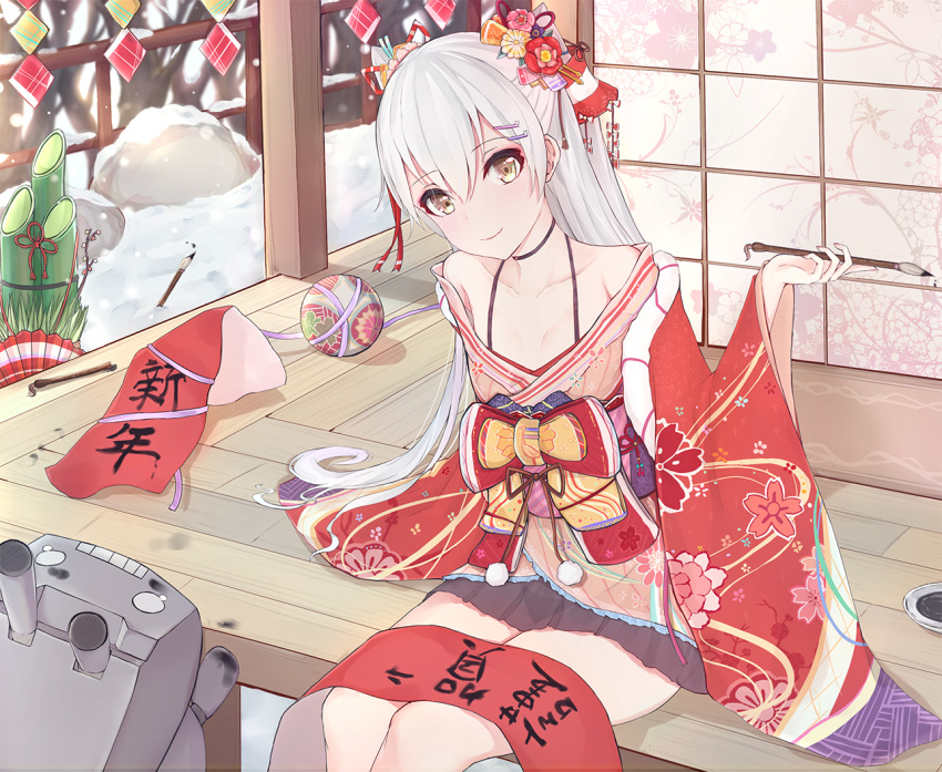 1girl alternate_costume amatsukaze_(kantai_collection) blurry calligraphy_brush choker commentary_request depth_of_field grey_eyes hair_ornament hair_tubes hairclip happy_new_year holding japanese_clothes kadomatsu kantai_collection lolita_fashion long_hair looking_at_viewer machinery new_year obi paintbrush rensouhou-kun sash sherryqq silver_hair sitting smile snowing translated turret two_side_up wa_lolita wooden_floor