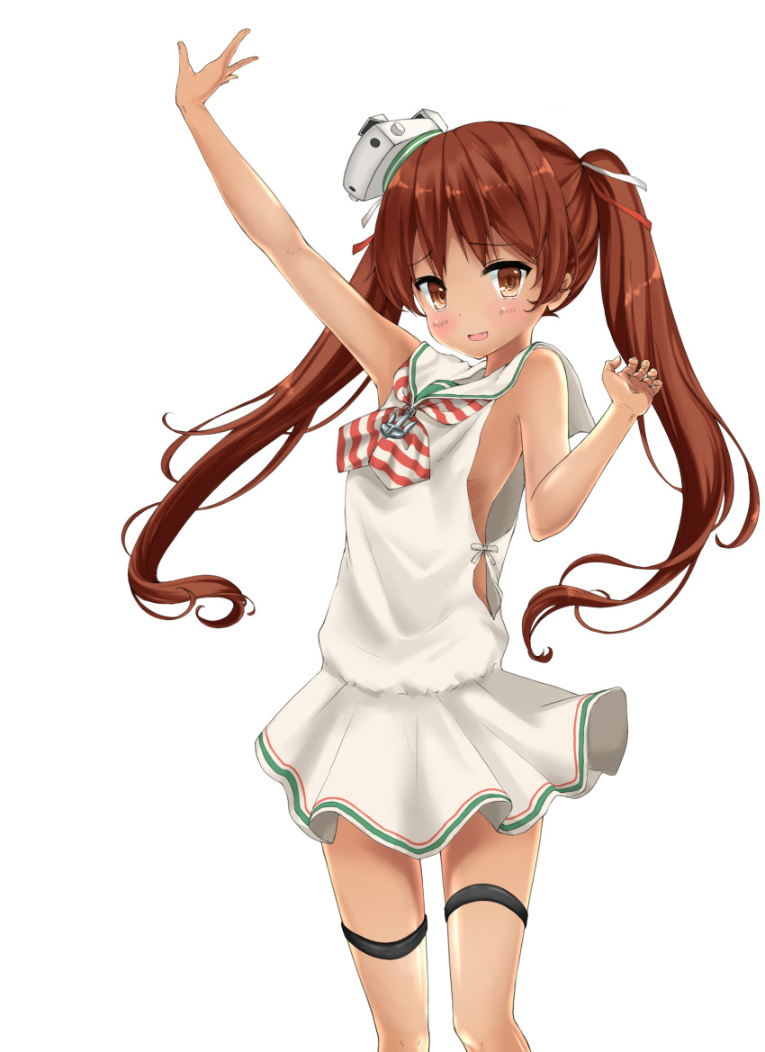 1girl :d arm_up brown_eyes brown_hair commentary_request hair_ribbon headgear highres kantai_collection libeccio_(kantai_collection) long_hair looking_at_viewer mimelond open_mouth ribbon school_uniform serafuku simple_background smile solo tan twintails white_background