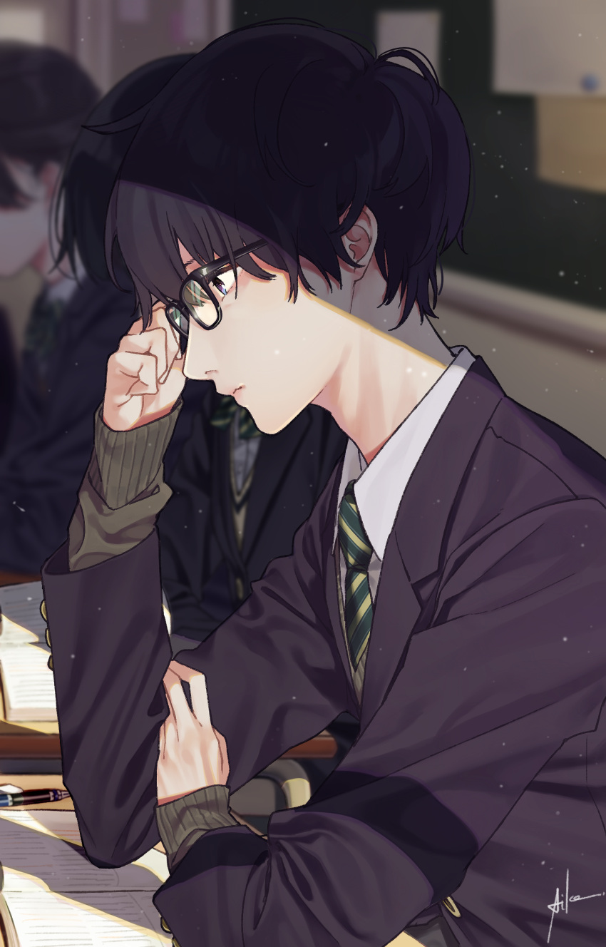 absurdres aiko_(aiko_54) black-framed_eyewear black_hair classroom commentary_request desk formal glasses highres indoors long_sleeves male_focus necktie original paper school_uniform sitting