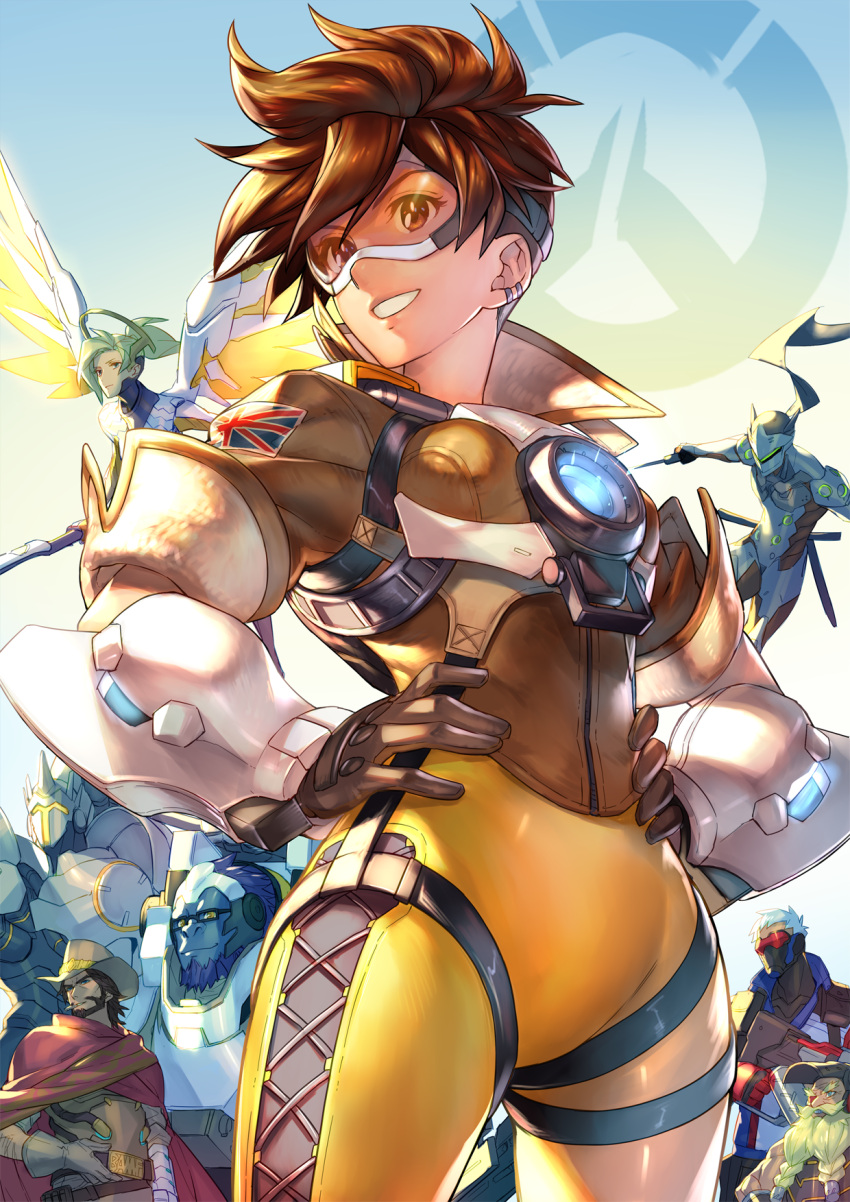 2girls 6+boys armor beard blonde_hair bodysuit breastplate brown_eyes brown_gloves brown_hair cape cowboy_hat cowboy_shot face_mask facial_hair flying full_armor genji_(overwatch) gloves goggles gorilla grin halo hands_on_hips hat helmet highres holding holding_sword holding_weapon kotatsu_(g-rough) looking_at_viewer mask mccree_(overwatch) mechanical_wings mercy_(overwatch) multiple_boys multiple_girls mustache overwatch overwatch_(logo) ponytail red_cape reinhardt_(overwatch) silver_hair smile soldier:_76_(overwatch) solo_focus spread_wings standing sword torbjorn_(overwatch) tracer_(overwatch) union_jack weapon wings winston_(overwatch)