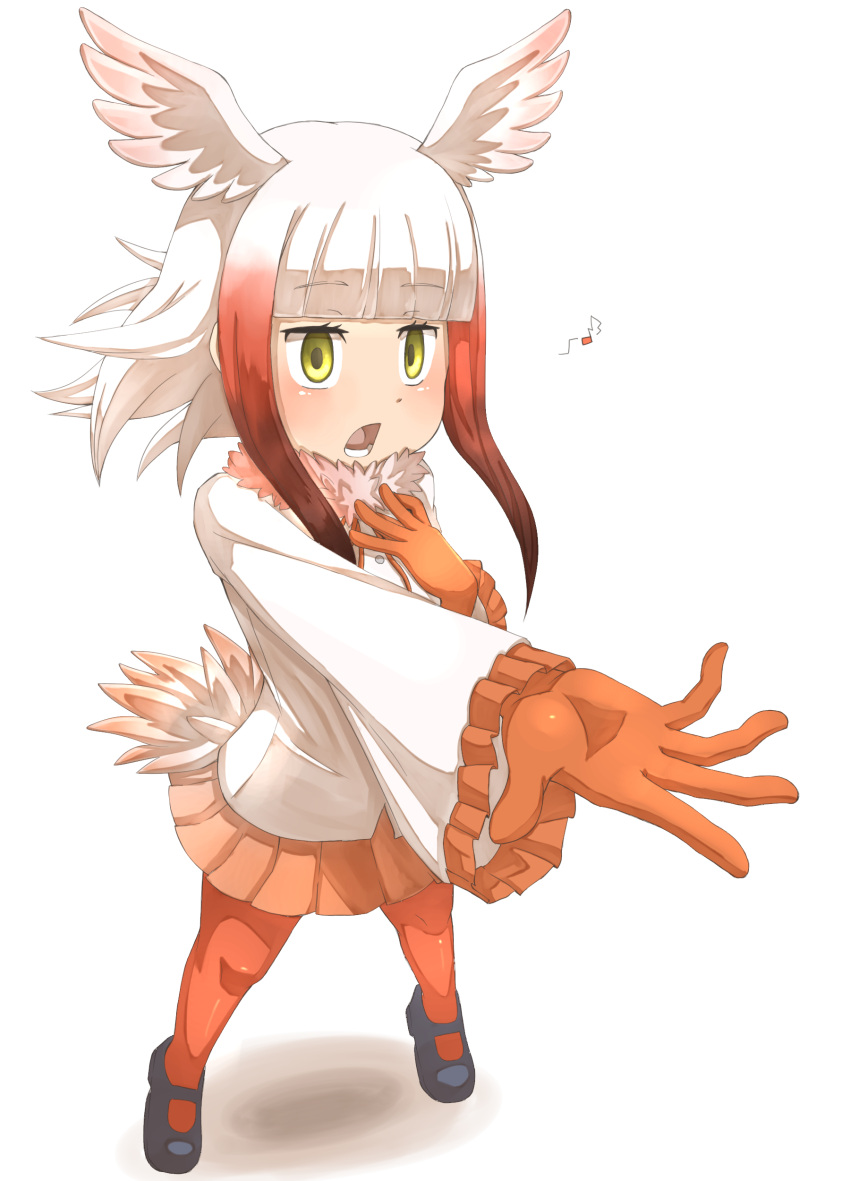 absurdres bangs bird_tail bird_wings commentary_request eyebrows_visible_through_hair frilled_sleeves frills fur_collar gloves hand_on_own_chest highres japanese_crested_ibis_(kemono_friends) kemono_friends long_sleeves multicolored_hair music musical_note open_mouth outstretched_hand singing skirt tenya wings