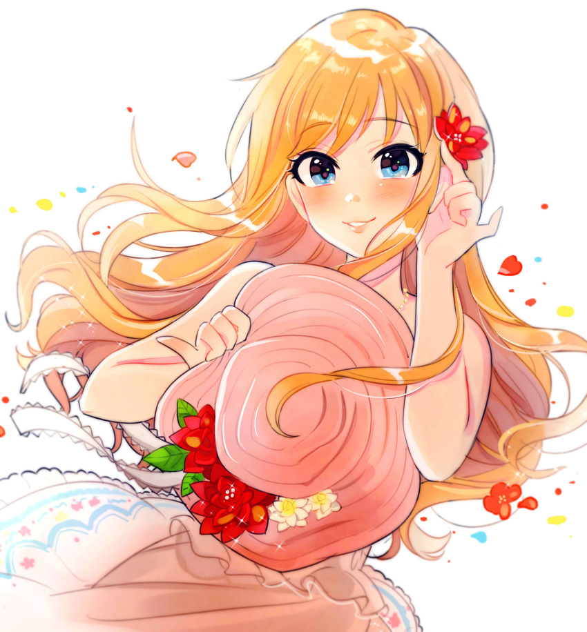 1girl adjusting_hair blonde_hair blush commentary dress flower hair_flower hair_ornament happy_birthday hat hat_flower highres holding holding_hat idolmaster idolmaster_cinderella_girls idolmaster_cinderella_girls_starlight_stage long_hair looking_at_viewer ootsuki_yui pink_dress smile solo tomato_omurice_melon