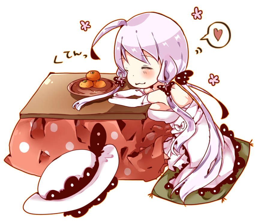 1girl artist_request azur_lane backless_outfit blush breasts closed_eyes dress food fruit gloves hat headwear_removed heart illustrious_(azur_lane) kotatsu large_breasts long_hair low_twintails mandarin_orange pillow plate spoken_heart table twintails white_background white_dress white_gloves white_hair