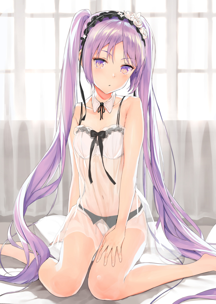 1girl backlighting barefoot blush breasts chemise commentary_request detached_collar euryale fate/grand_order fate_(series) hairband hand_on_own_thigh head_tilt highres indoors lingerie lolita_hairband long_hair looking_at_viewer nanotaro navel panties purple_hair see-through sitting small_breasts solo twintails underwear very_long_hair violet_eyes wariza white_panties