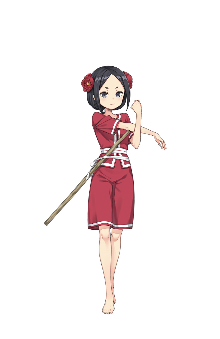 1girl barefoot black_eyes black_hair flower full_body hair_flower hair_ornament highres looking_at_viewer official_art princess_principal princess_principal_game_of_mission short_hair smile solo standing stick stretch toudou_chise transparent_background