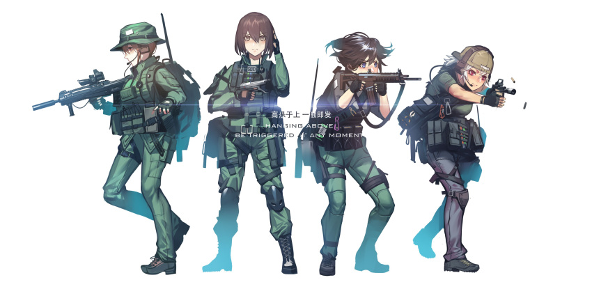 4girls absurdres aiming assault_rifle backpack backwards_hat bag baseball_cap beretta_93r black_soldier blue_eyes boonie_hat boots brown_hair carabiner casing_ejection commentary_request english eotech field_radio fingerless_gloves firing glasses gloves gun handgun hat headset highres knee_pads load_bearing_vest military military_operator military_uniform multiple_girls original patch pistol ponytail red_eyes reflex_sight remington_acr rifle shell_casing short_hair silver_hair simple_background snap-fit_buckle suppressor translation_request trigger_discipline uniform vertical_foregrip weapon weapon_request white_background