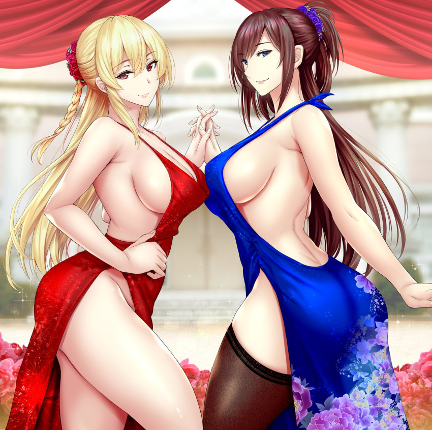 2girls arm_at_side ass backless_outfit bangs bare_arms bare_back bare_shoulders bike999 blonde_hair blue_dress blue_eyes blue_flower blue_rose braid breasts brown_hair brown_legwear bush cleavage closed_mouth collarbone commentary_request cowboy_shot curtains day dress eyebrows_visible_through_hair eyelashes fingernails floral_print flower from_side groin hair_between_eyes hair_flower hair_ornament half-closed_eyes hand_on_hip hand_up hands_together highres interlocked_fingers large_breasts lens_flare long_dress long_fingernails long_hair looking_at_viewer mansion multiple_girls open-back_dress original outdoors pink_flower pink_lips pink_rose red_dress red_eyes red_flower red_rose rose sideboob sidelocks single_braid sleeveless sleeveless_dress smile sparkle standing take_your_pick thigh-highs