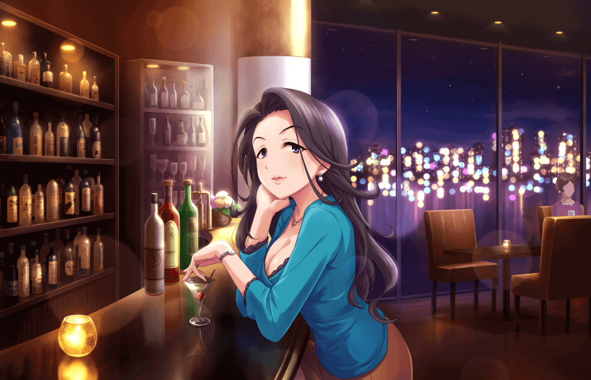 1girl artist_request black_hair bottle breasts brown_skirt cleavage cup earrings faceless faceless_female flower highres idolmaster idolmaster_cinderella_girls idolmaster_cinderella_girls_starlight_stage jewelry large_breasts lips long_hair necklace official_art pub rose skirt takahashi_reiko very_long_hair violet_eyes watch watch