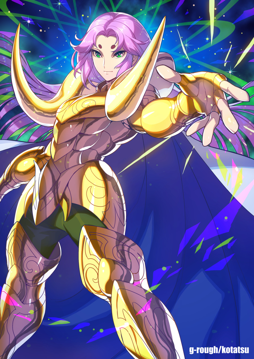 1boy androgynous aries_mu armor artist_name bangs blue_cape breastplate cape closed_mouth facial_mark faulds forehead_mark gold_armor gold_saint greaves green_eyes green_pants highres kotatsu_(g-rough) legs_apart long_hair looking_at_viewer male_focus outstretched_arm pants parted_bangs pink_hair saint_seiya smile solo spikes