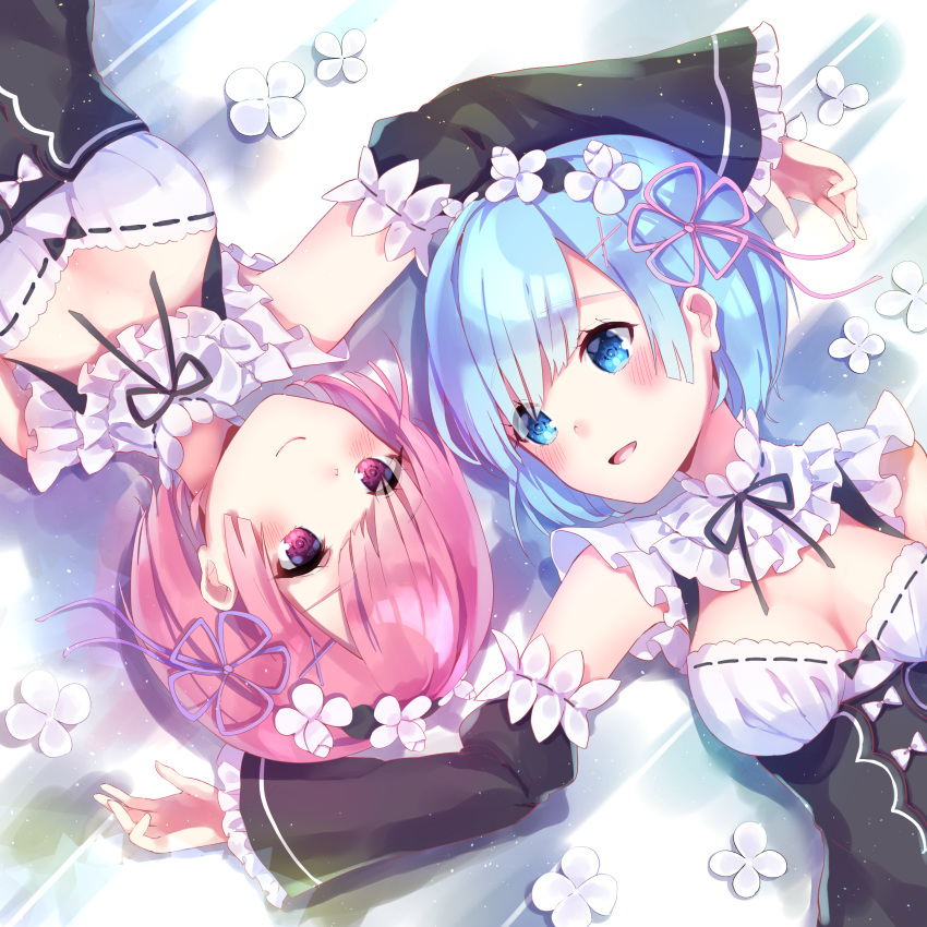 2girls :d absurdres bangs black_dress blue_eyes blue_hair blush breasts closed_mouth commentary_request detached_sleeves dress eye_contact eyebrows_visible_through_hair flower hair_flower hair_ornament highres hoshi_no_yurara_(xxberry_0x0) long_sleeves looking_at_another lying medium_breasts multiple_girls on_back open_mouth pink_hair ram_(re:zero) re:zero_kara_hajimeru_isekai_seikatsu rem_(re:zero) short_hair sleeves_past_wrists smile symmetry violet_eyes white_flower x_hair_ornament