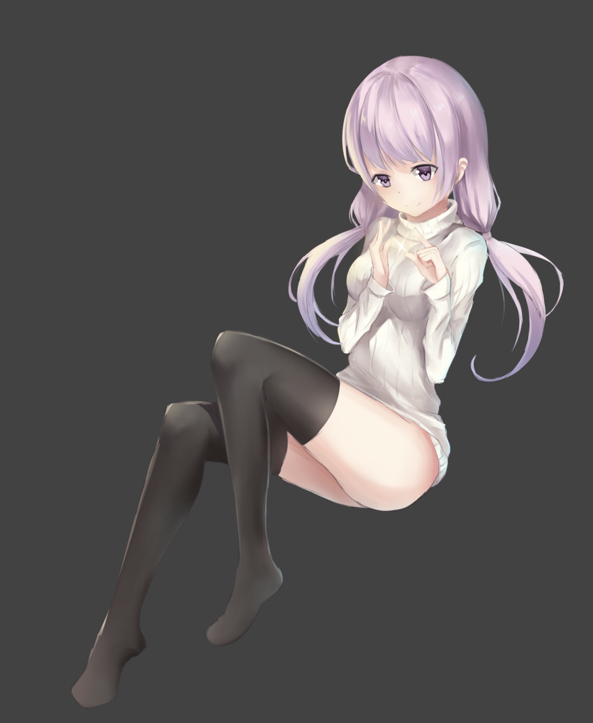 1girl ass bangs black_legwear closed_mouth commentary_request eyebrows_visible_through_hair full_body grey_background highres karin_(fineyanny) low_twintails no_shoes original pink_eyes pink_hair simple_background sitting smile solo sweater thigh-highs twintails white_sweater