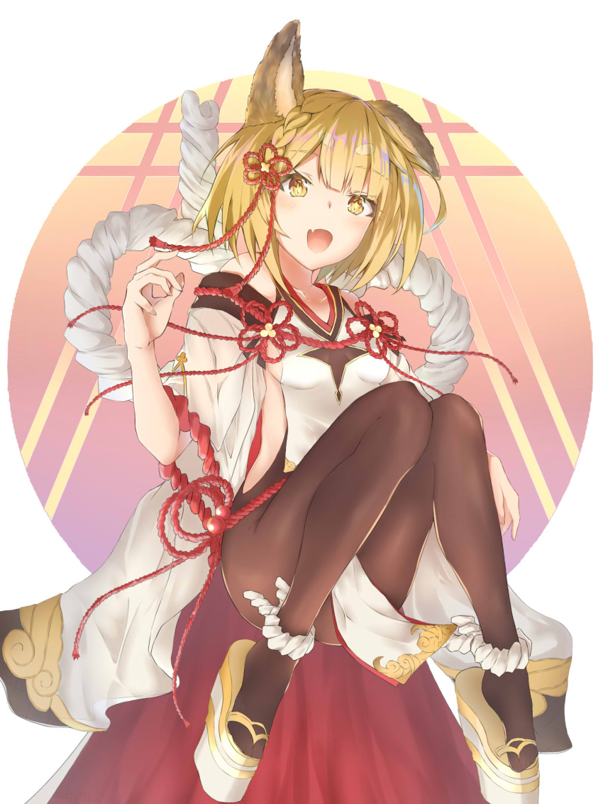 1girl animal_ears bangs bent_knees black_legwear blonde_hair braid breasts chinese_clothes detached_sleeves eyebrows_visible_through_hair fang full_body granblue_fantasy hair_ornament highres knees_together_feet_apart long_sleeves looking_at_viewer open_mouth pantyhose pelvic_curtain platform_footwear pnt_(ddnu4555) rope short_hair side_braid sitting vajra_(granblue_fantasy) wide_sleeves yellow_eyes