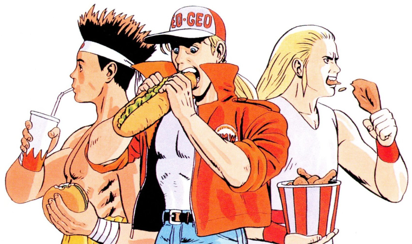 3boys andy_bogard baseball_cap black_hair blonde_hair bucket_of_chicken chicken_(food) drink drinking_straw eating fatal_fury food hamburger hat headband highres holding holding_food jacket joe_higashi long_hair male_focus mori_toshiaki multiple_boys ninja official_art oldschool open_mouth sandwich spiky_hair terry_bogard upper_body