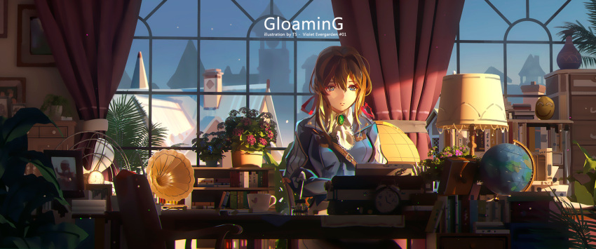 1girl blonde_hair blue_eyes blue_jacket book bookshelf building cup curtains globe hair_between_eyes hair_ribbon highres ibara_dance indoors jacket long_hair long_sleeves parted_lips plant potted_plant ribbon sitting solo teacup typewriter violet_evergarden violet_evergarden_(character) window