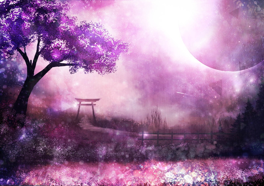 akyuun bare_tree blurry bokeh cherry_blossoms commentary depth_of_field eclipse fence flower full_moon highres landscape lens_flare light_particles moon original path road scenery sunlight texture torii tree